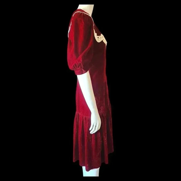 VINTAGE 80s Gunne Sax Red Velvet & Lace Midi Party Dress M - Picture 9 of 15